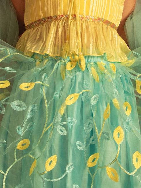 Girl's' Yellow Crop Top And Aqua Lehenga With Ruffled Dupatta Set
